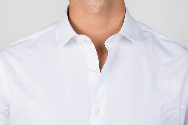 Club collar shirt with top button unbuttoned