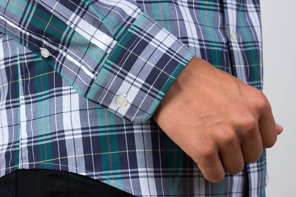 Rounded cuff green blue and white plaid shirt