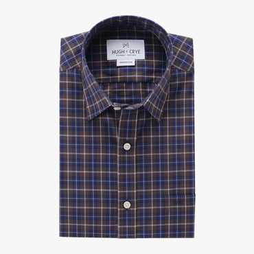 casual point collar shirt in blue, yellow plaid poplin - badlands - flat