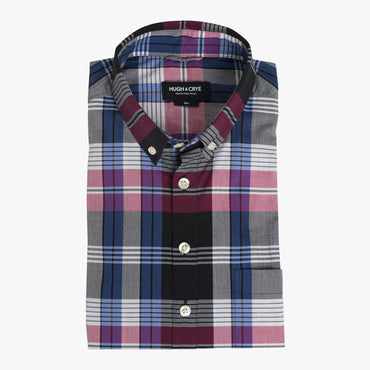 Button-down popover with pink/indigo horizontal stripe madras plaid - Carson - Flat