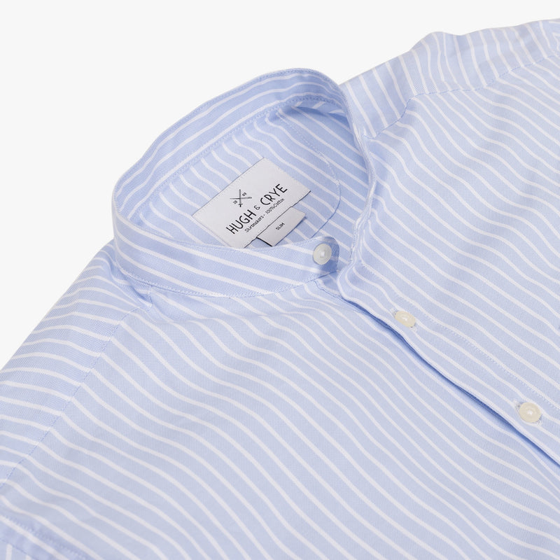 Band Collar popover in light blue and white stripe oxford fabric - Emilio - Detail
