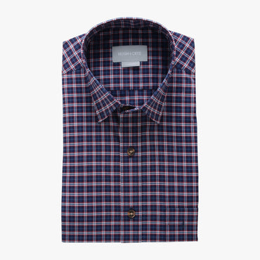 casual point collar shirt in black, red plaid poplin - hillwood - flat