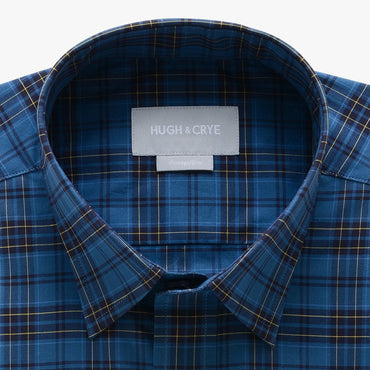 casual point collar shirt in blue, yellow plaid poplin - teton - detail