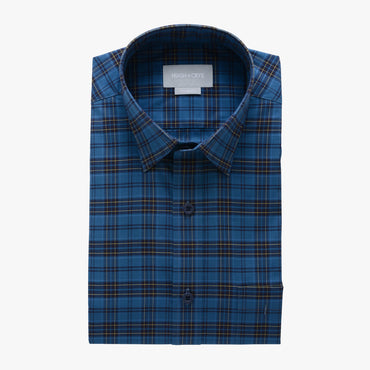 casual point collar shirt in blue, yellow plaid poplin - teton - flat