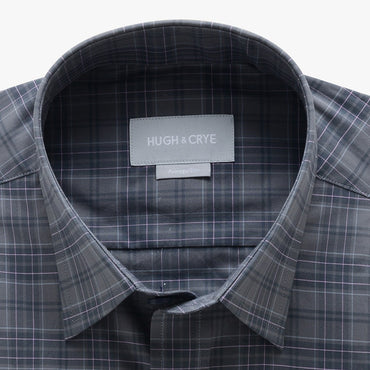 casual point collar shirt in grey, pink plaid poplin - rainier - detail