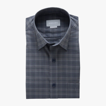 casual point collar shirt in grey, pink plaid poplin - rainier - flat