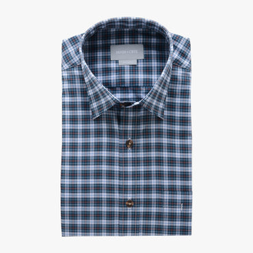 casual point collar shirt in blue, peach plaid poplin - rock creek - flat