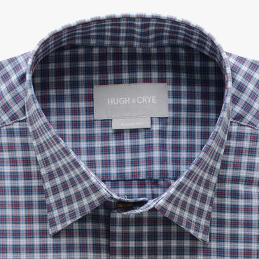 casual point collar shirt in blue, pink plaid poplin - dumbarton - detail