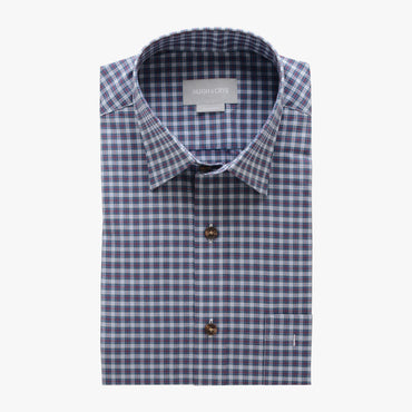 casual point collar shirt in blue, pink plaid poplin - dumbarton - flat