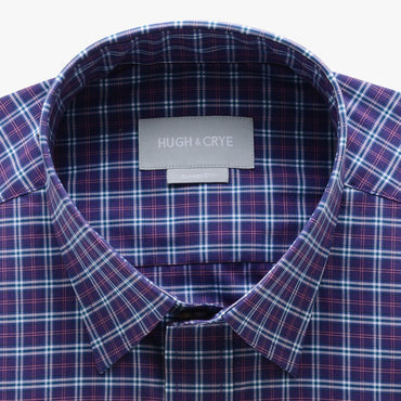 casual point collar shirt in purple, pink plaid poplin - hillwood - detail