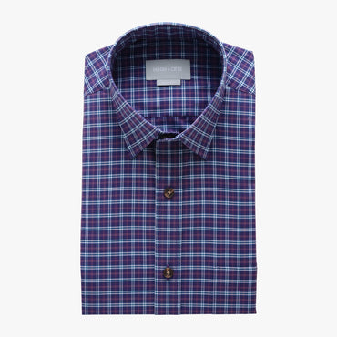 casual point collar shirt in purple, pink plaid poplin - hillwood - flat