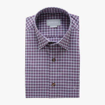 casual point collar shirt in pink, white check poplin - dumbarton - flat