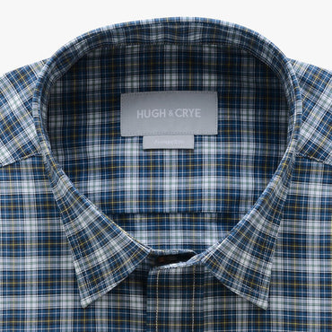 casual point collar shirt in green, yellow plaid poplin - rock creek - detail