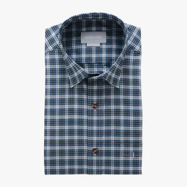 casual point collar shirt in green, yellow plaid poplin - rock creek - flat