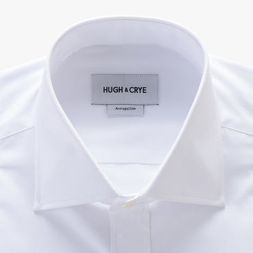 tall spread collar shirt in white solid 120s poplin - kent - detail