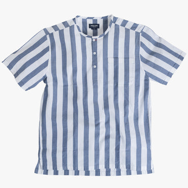 Collarless popover with indigo blue/white banker stripes - Tamariu - Splay