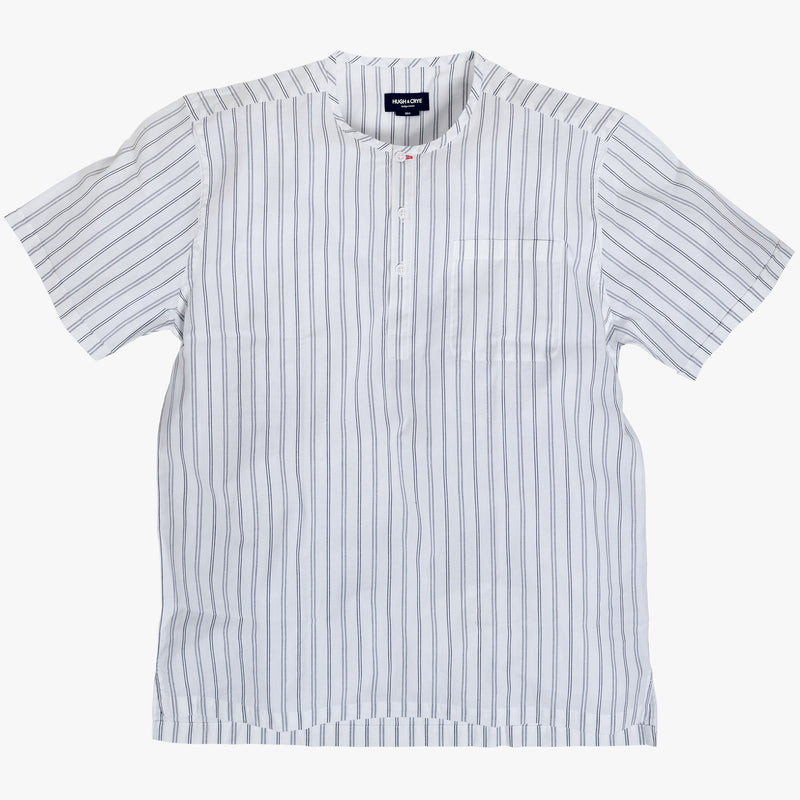 Collarless popover with indigo blue varying double stripes - Venice - Splay