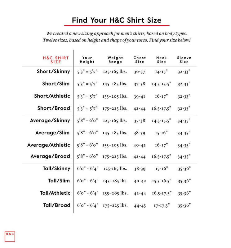 hugh & crye size chart