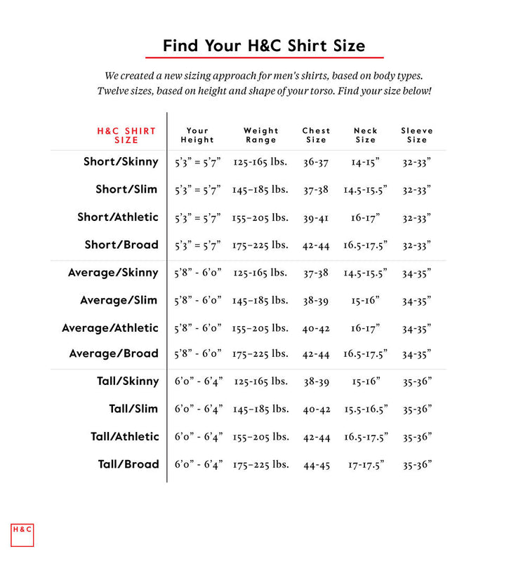 hugh & crye size chart