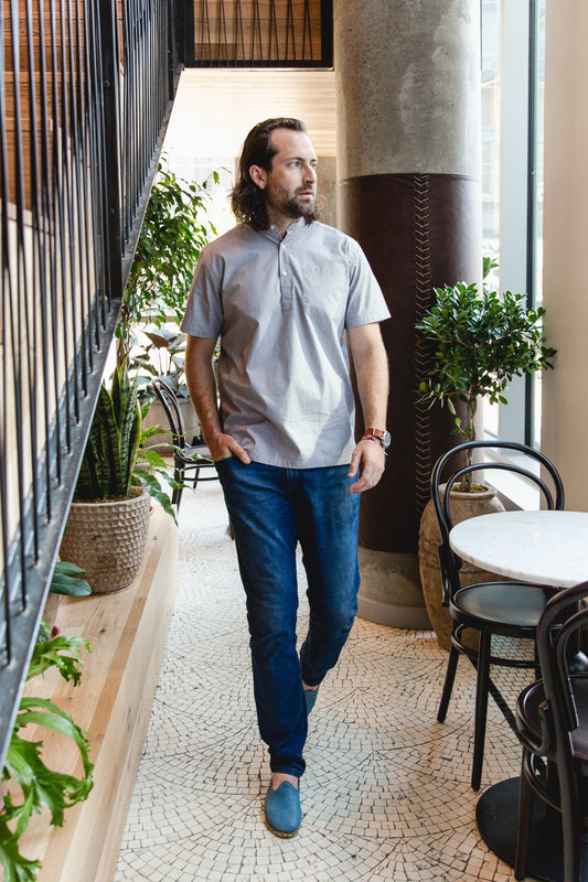 Band Collar popover in black and white pencil stripe poplin - Auric - Editorial 1