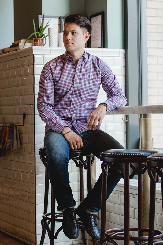 casual point collar shirt in pink, white check poplin - dumbarton - editorial