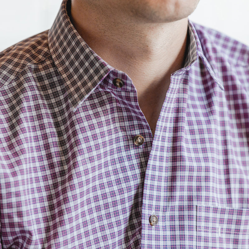 casual point collar shirt in pink, white check poplin - dumbarton - editorial 2