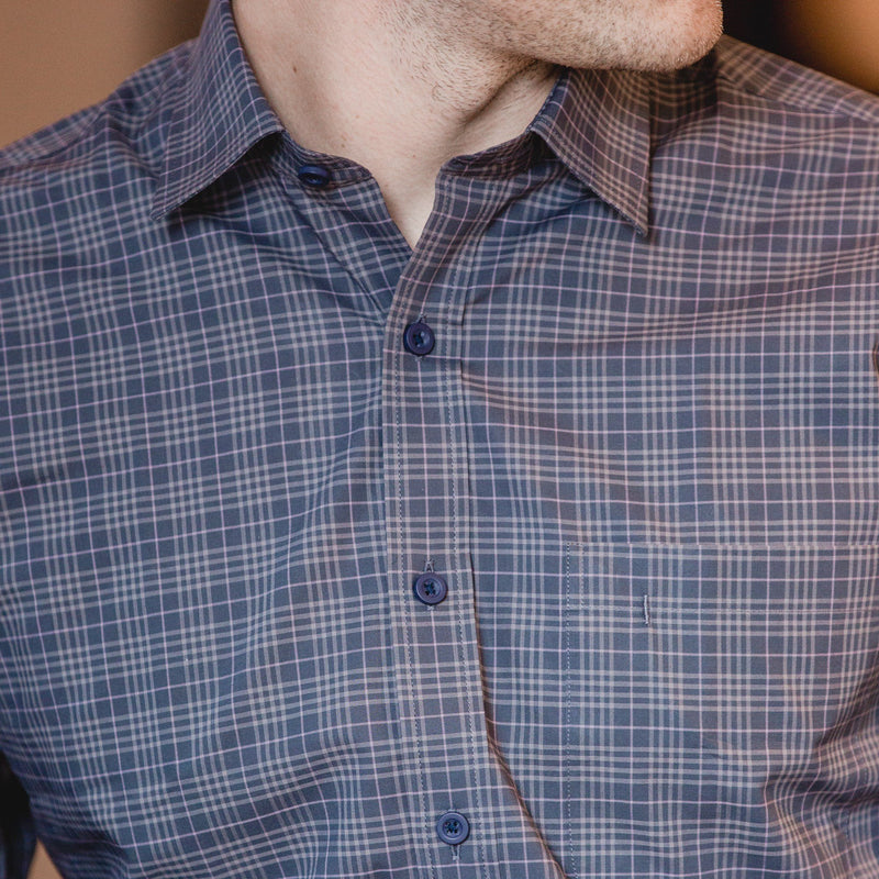 casual point collar shirt in gray, light gray check poplin - montrose - editorial 2