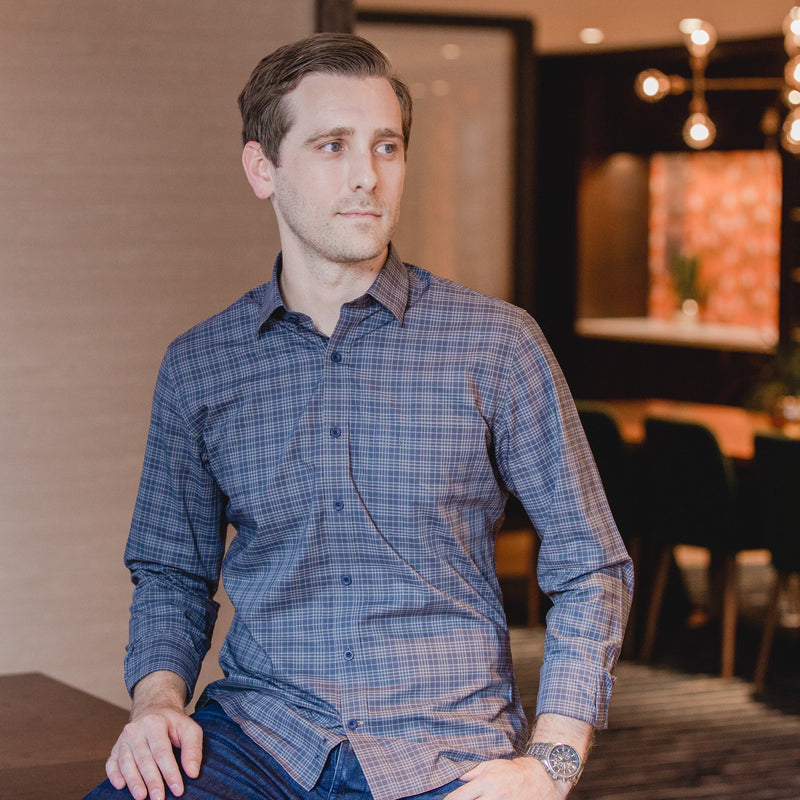 casual point collar shirt in gray, light gray check poplin - montrose - editorial 1
