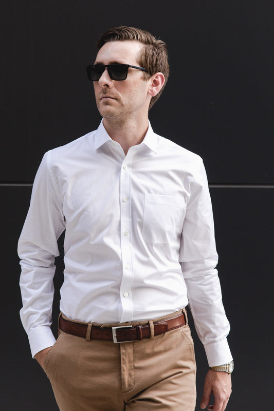 small spread collar shirt in white solid 120s poplin - mayfair with pocket - editorial 2