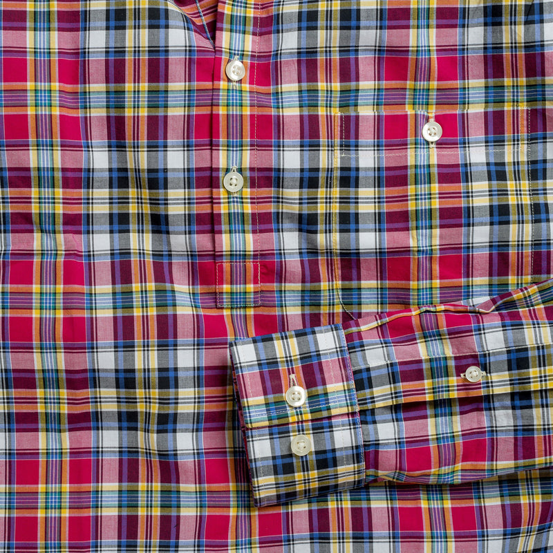 Button-down popover with pink multi-color madras plaid - Allen - Detail