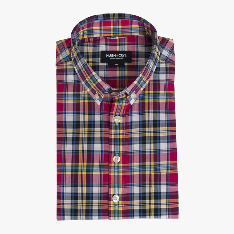 Button-down popover with pink multi-color madras plaid - Allen - Flat