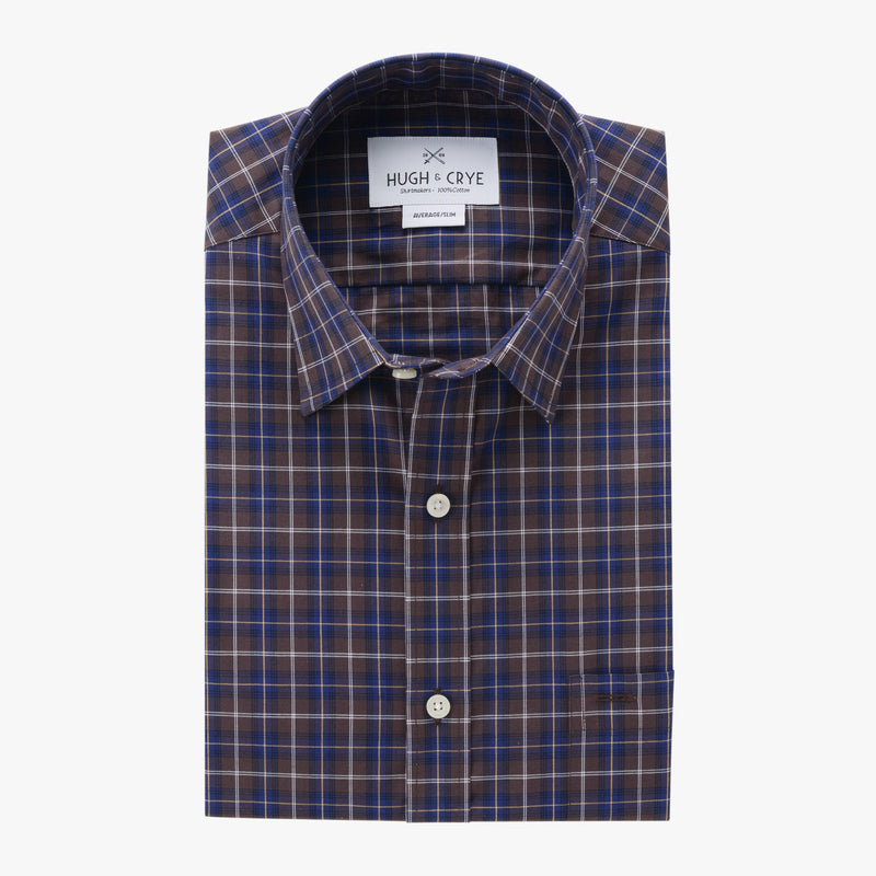 casual point collar shirt in blue, yellow plaid poplin - badlands - flat