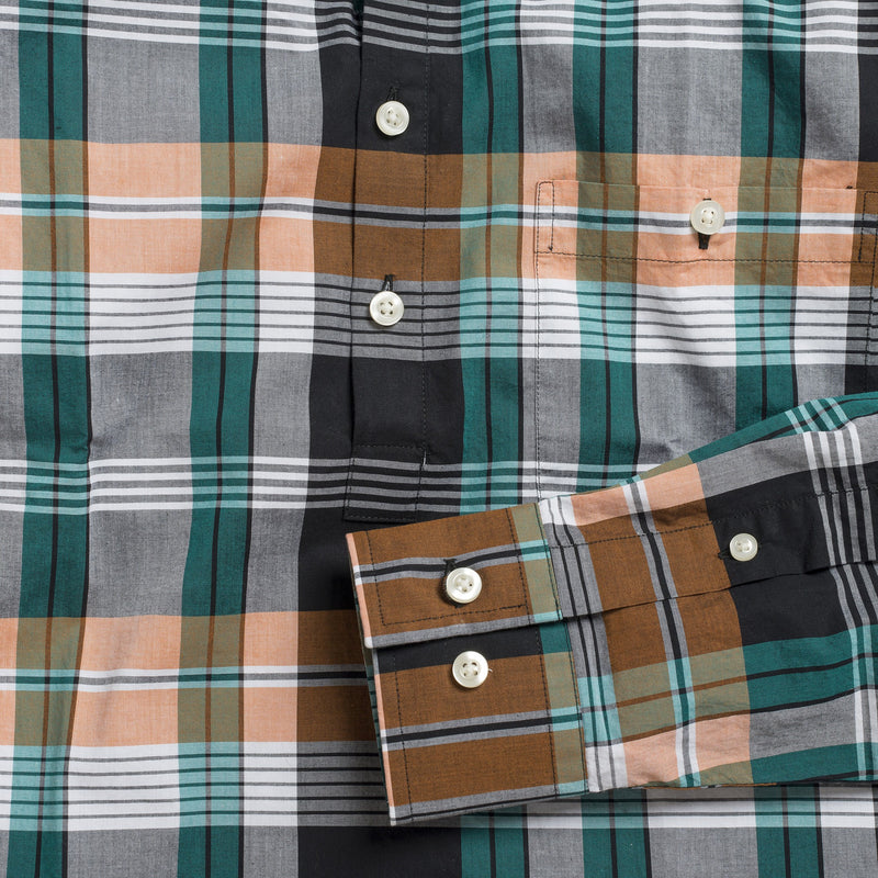 Button-down popover with green/orange horizontal stripe madras plaid - Carson - Detail