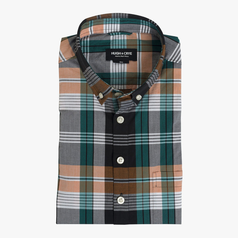 Button-down popover with green/orange horizontal stripe madras plaid - Carson - Flat