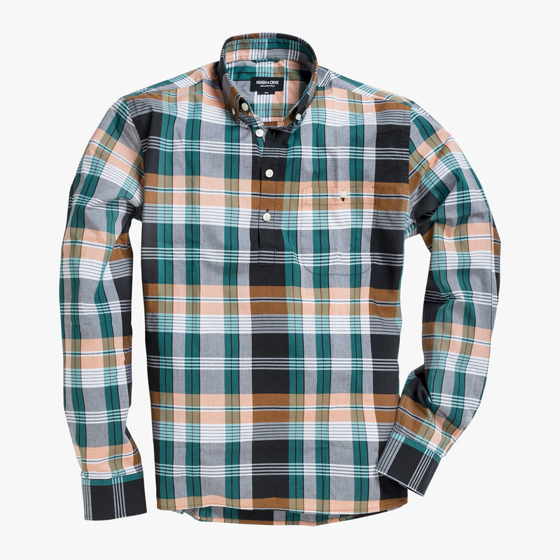 Button-down popover with green/orange horizontal stripe madras plaid - Carson - Splay