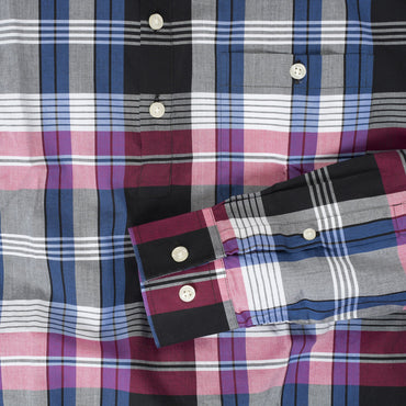 Button-down popover with pink/indigo horizontal stripe madras plaid - Carson - Detail