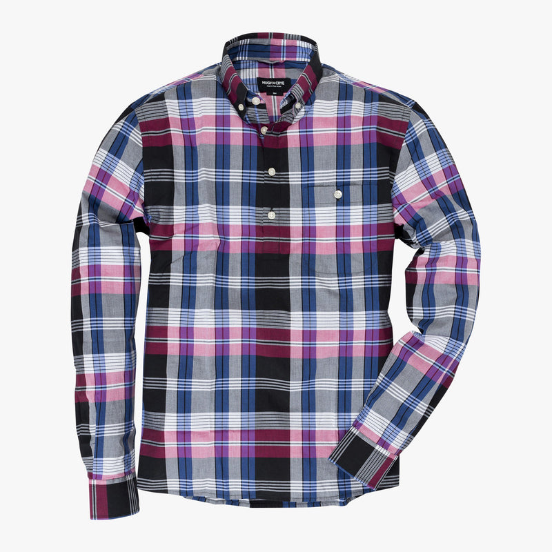 Button-down popover with pink/indigo horizontal stripe madras plaid - Carson - Splay