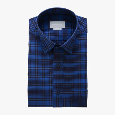 casual point collar shirt in blue, black check poplin - montrose - flat