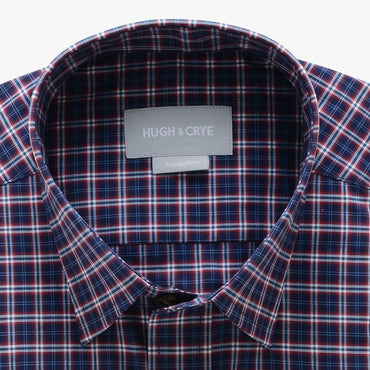 casual point collar shirt in black, red plaid poplin - hillwood - detail