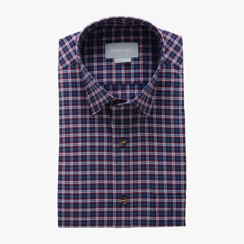 casual point collar shirt in black, red plaid poplin - hillwood - flat