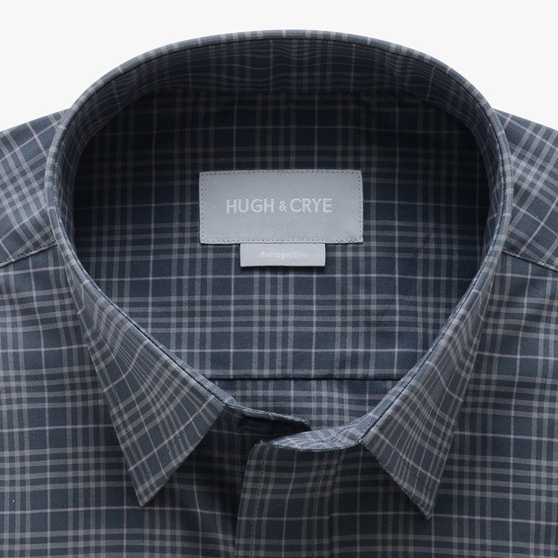 casual point collar shirt in gray, light gray check poplin - montrose - detail