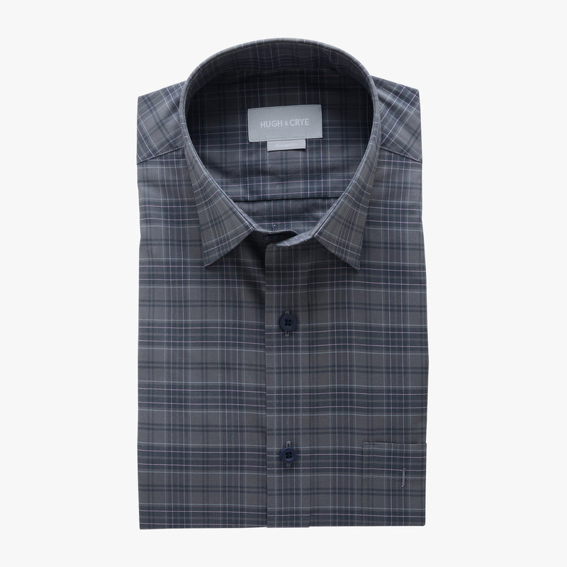 casual point collar shirt in grey, pink plaid poplin - rainier - flat