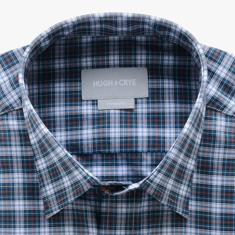 casual point collar shirt in blue, peach plaid poplin - rock creek - detail
