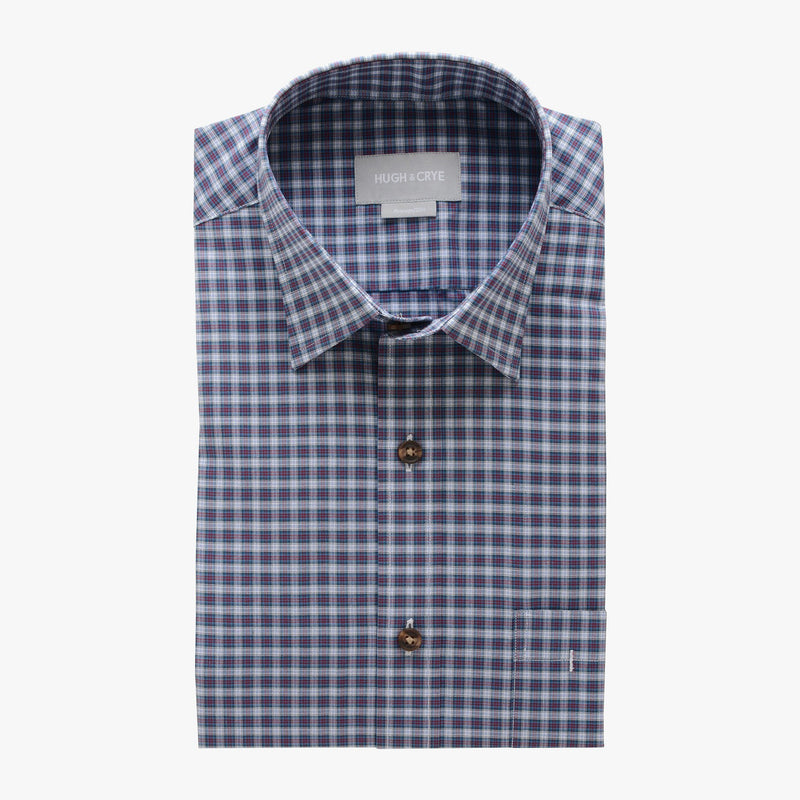 casual point collar shirt in blue, pink plaid poplin - dumbarton - flat