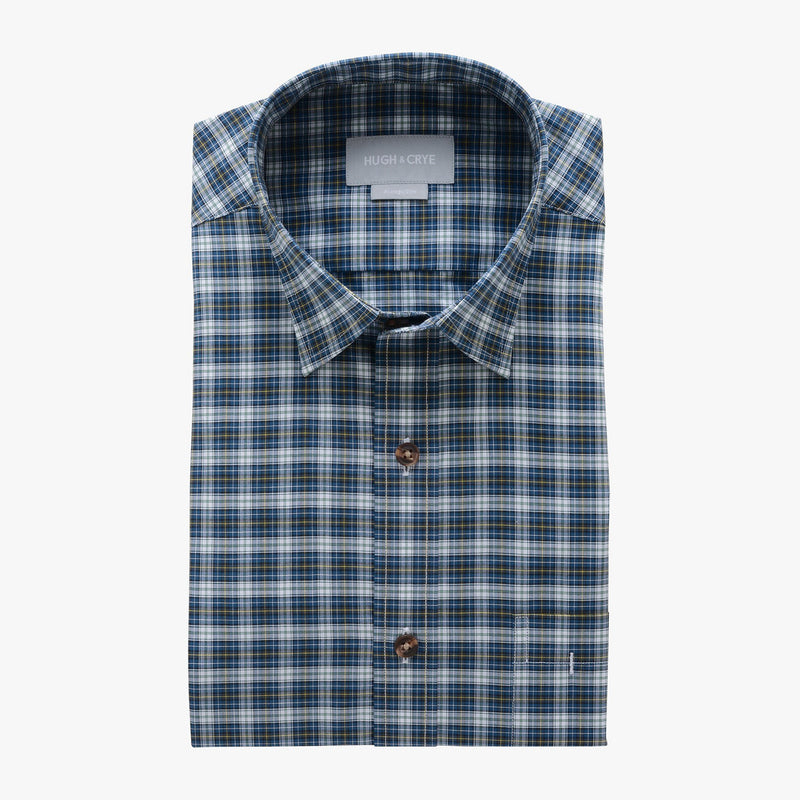 casual point collar shirt in green, yellow plaid poplin - rock creek - flat