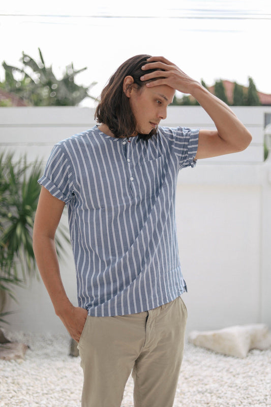 striped indigo popover men's - three quarters