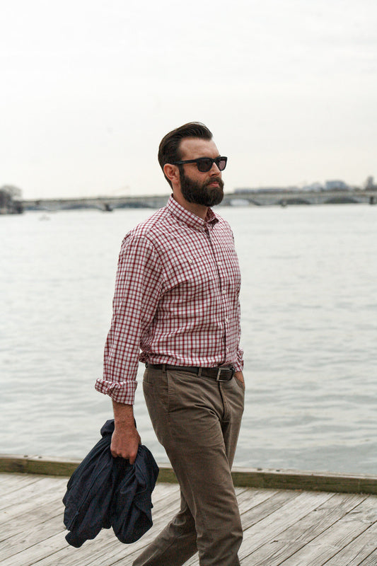 White red check brushed twill shirt - Pullman - man walking by water