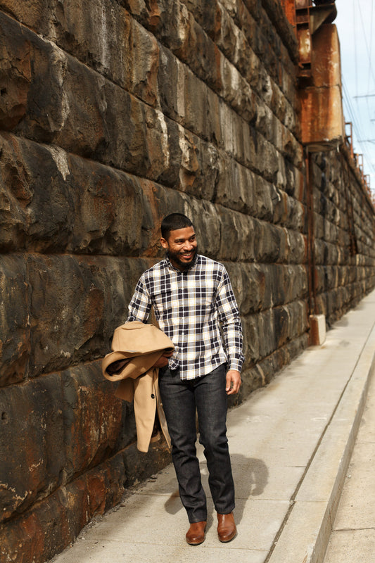 Indigo Yellow Plaid - Medium Weight Field Shirt - Swanson - man walking down street