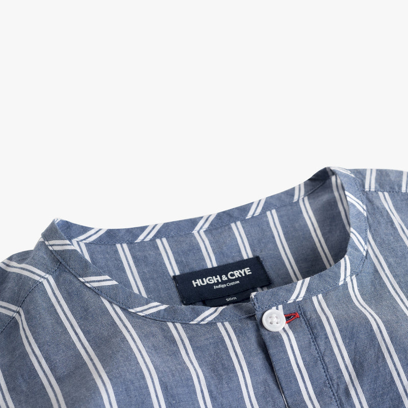 Collarless popover with indigo blue with double white stripe - Monterosso - Details