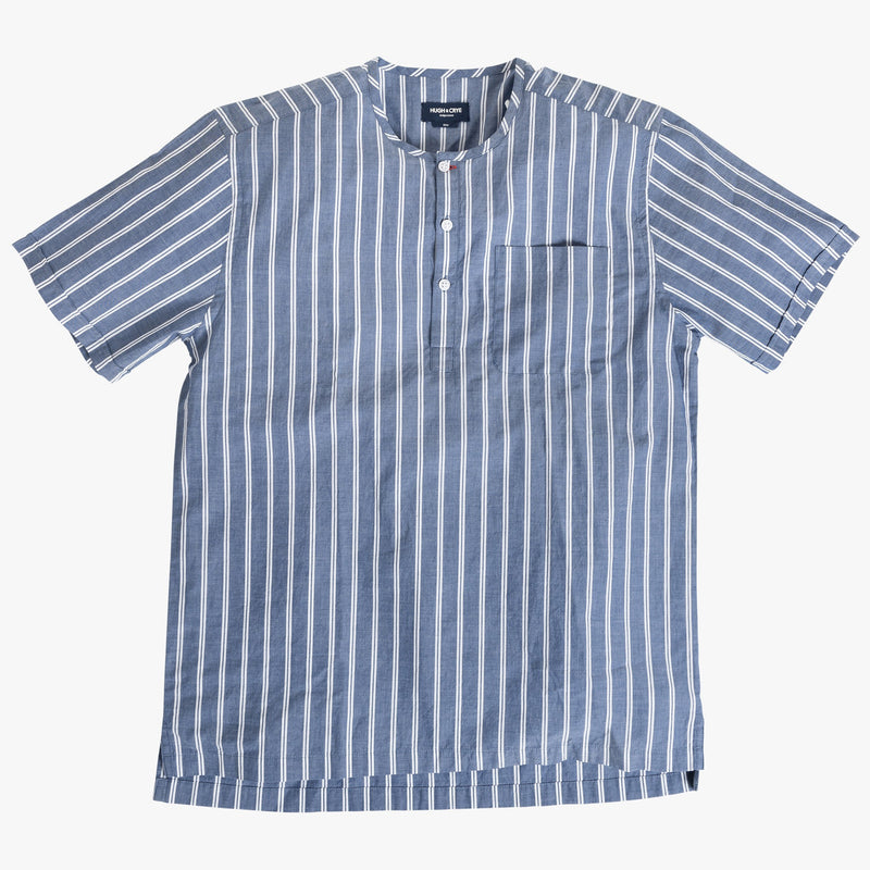 Collarless popover with indigo blue with double white stripe - Monterosso - Splay